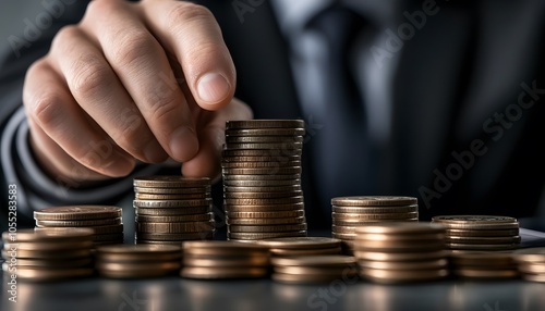 Hand Placing a Coin on a Stack of Coins, Representing Financial Growth photo