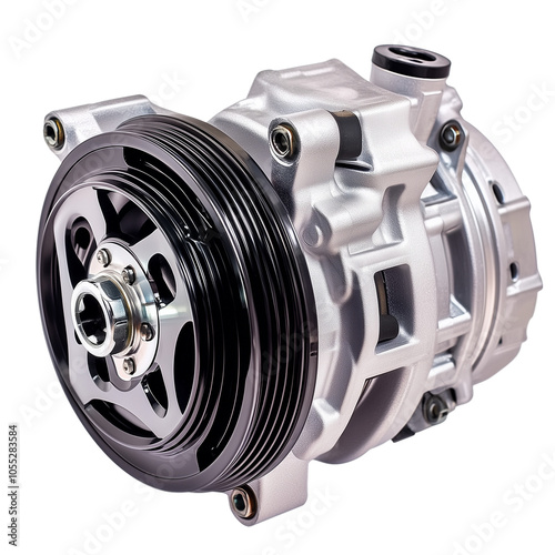 A completely new car air conditioning clutch, with a silver body and a black fade, on a transparent background