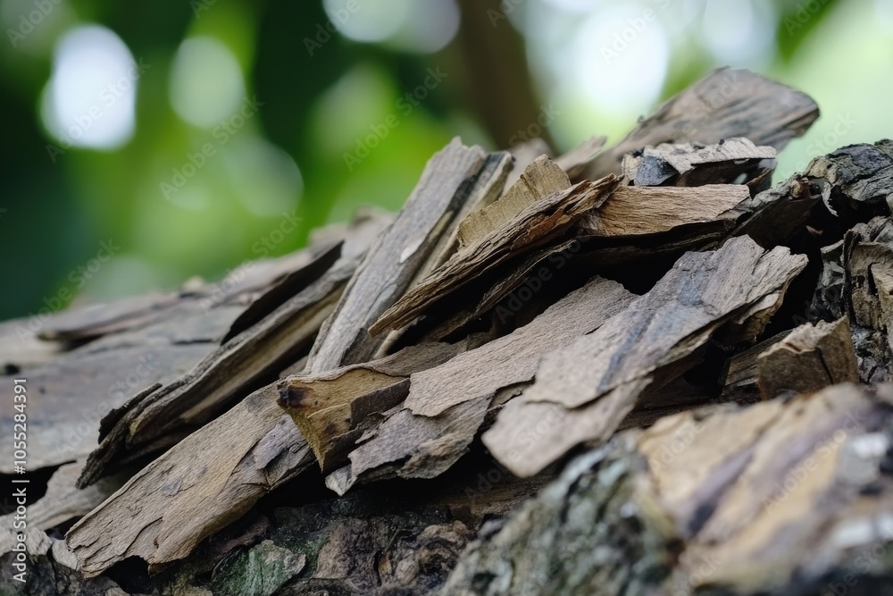 Agarwood Chips: Siam Tree Bark in Natural Green Setting at National Park Agarwood Chips: Siam Tree Bark in Natural Green Setting at National Park
