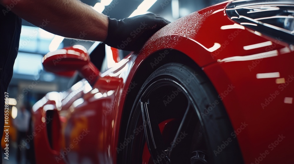 Auto Body Mechanic Restoring Red Sports Car with Buffing and Repair Auto Body Mechanic Restoring Red Sports Car with Buffing and Repair