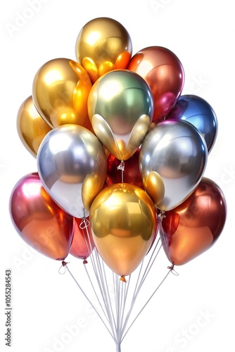 Metallic balloons for birthdays. Shiny, metallic, and glossy balloons for parties, isolated on a white background.