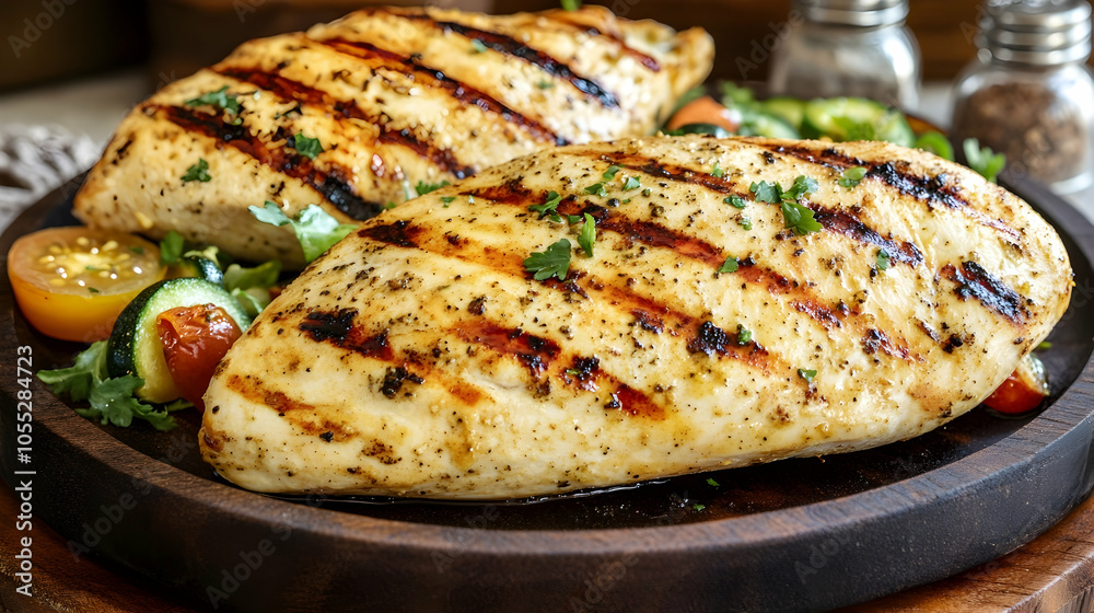 Grilled Chicken Breast with Vegetables on Wooden Plate, meat, protein, healthy, diet, food Grilled Chicken Breast with Vegetables on Wooden Plate, meat, protein, healthy, diet, food