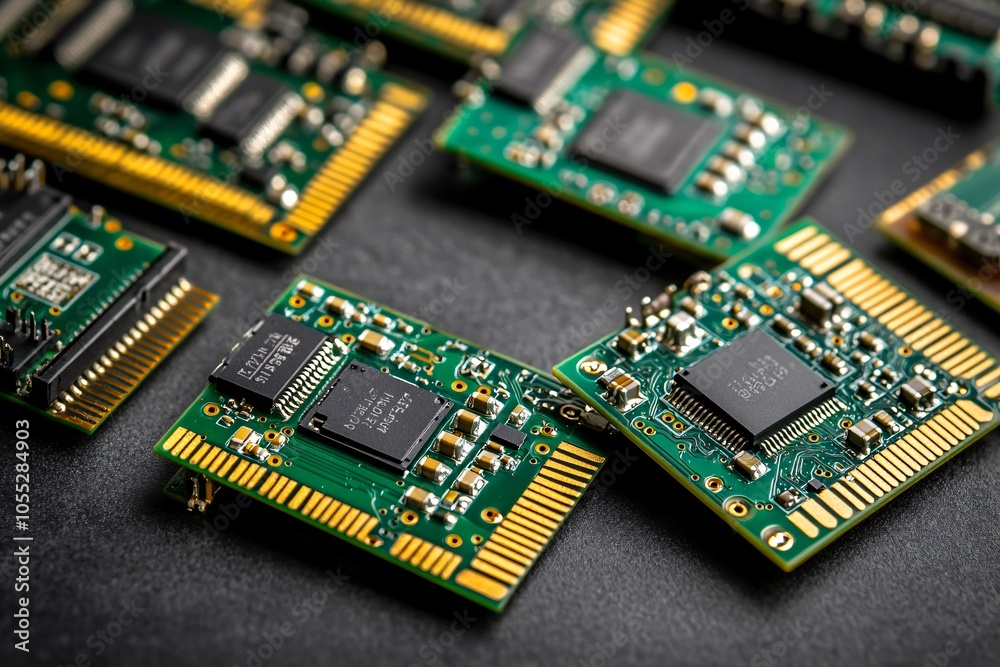 Close-up of Green Circuit Boards with Microchips Close-up of Green Circuit Boards with Microchips