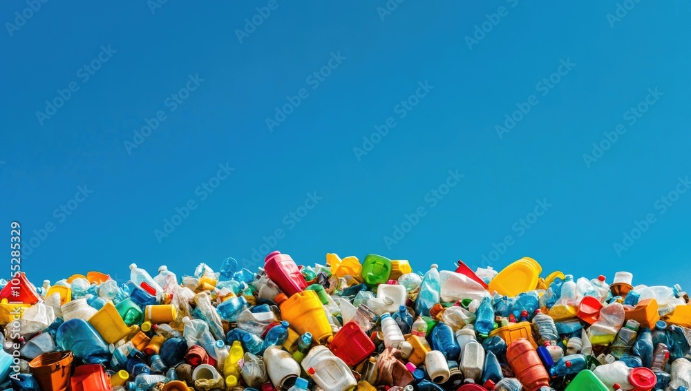 Fototapeta premium Lots of plastic bottles on the bank of a river or sea with blue skies. Concept of protecting the environment from man-made garbage