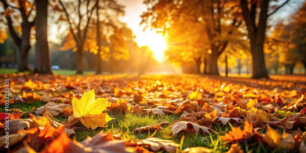 Golden hour on a crisp autumn day with fallen leaves carpeting the ground, outdoors, seasonal change, colorful leaves, earthy tones, woodland scene Golden hour on a crisp autumn day with fallen leaves carpeting the ground, outdoors, seasonal change, colorful leaves, earthy tones, woodland scene