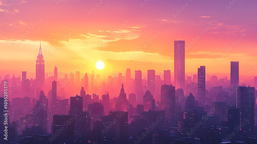 Hyperrealistic City Skyline with Artistic Sunset Lighting Hyperrealistic City Skyline with Artistic Sunset Lighting