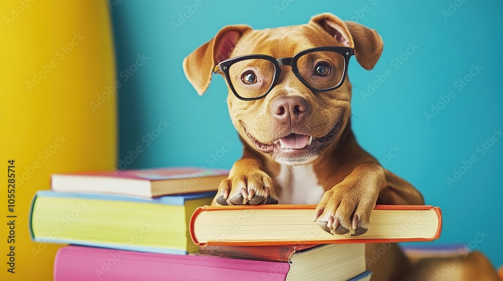 Playful dog with beautiful glasses is relaxing on a pile of books while looking at the camera Playful dog with beautiful glasses is relaxing on a pile of books while looking at the camera
