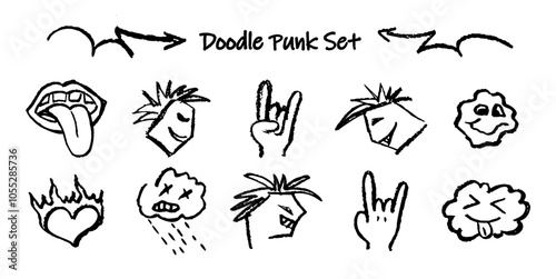 Set of doodle punk head, goat gesture, cloud. Collection of vector black charcoal outline faces handdrawn humor emotions. Retro style wax pen drawn stick out tongue, mohawk hairstyle groovy fire heart