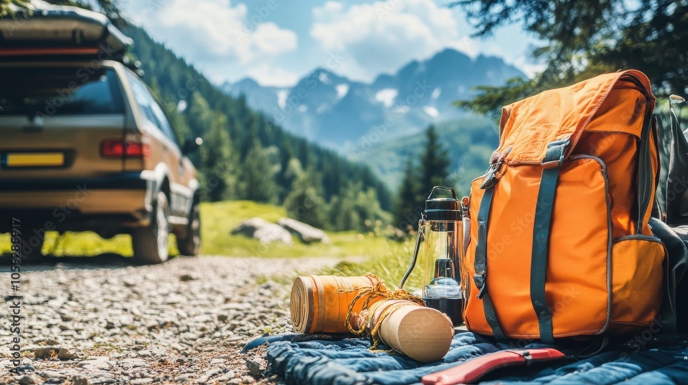 Backpack and Gear Ready for Hiking Adventure. Backpack and Gear Ready for Hiking Adventure.