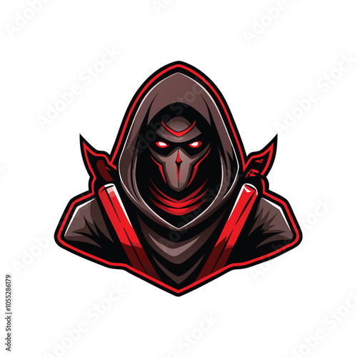 A shadowy figure cloaked in darkness, their hood concealing their face, holding a glowing red blade. Their eyes gleam with an icy intensity, ready to strike.