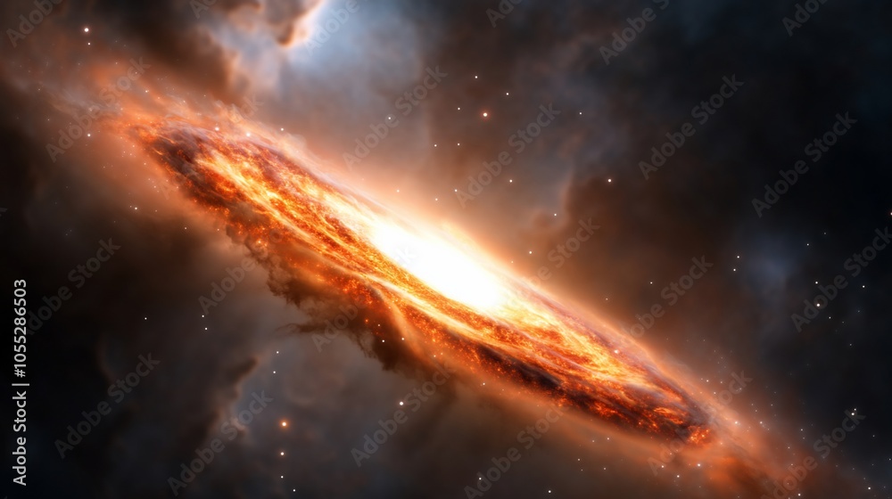 A fiery, swirling nebula with a bright center, surrounded by stars and cosmic dust. A fiery, swirling nebula with a bright center, surrounded by stars and cosmic dust.