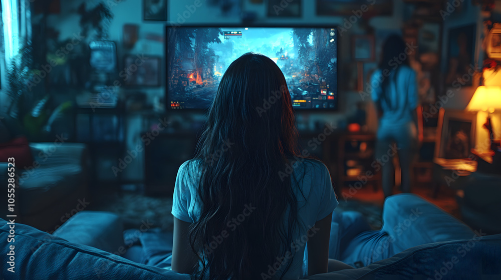 A Woman Relaxing on the Couch, Watching Video Games on TV – A Cozy Scene of Home Entertainment and Digital Leisure.
A Woman Relaxing on the Couch, Watching Video Games on TV – A Cozy Scene of Home Entertainment and Digital Leisure.