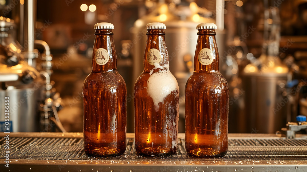 Three Bottles of Beer on a Metal Countertop, brewery, craft beer, ale, lager, beverage Three Bottles of Beer on a Metal Countertop, brewery, craft beer, ale, lager, beverage