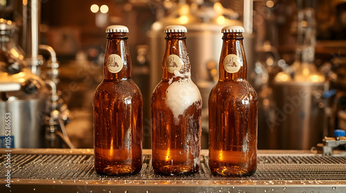 Three Bottles of Beer on a Metal Countertop, brewery, craft beer, ale, lager, beverage