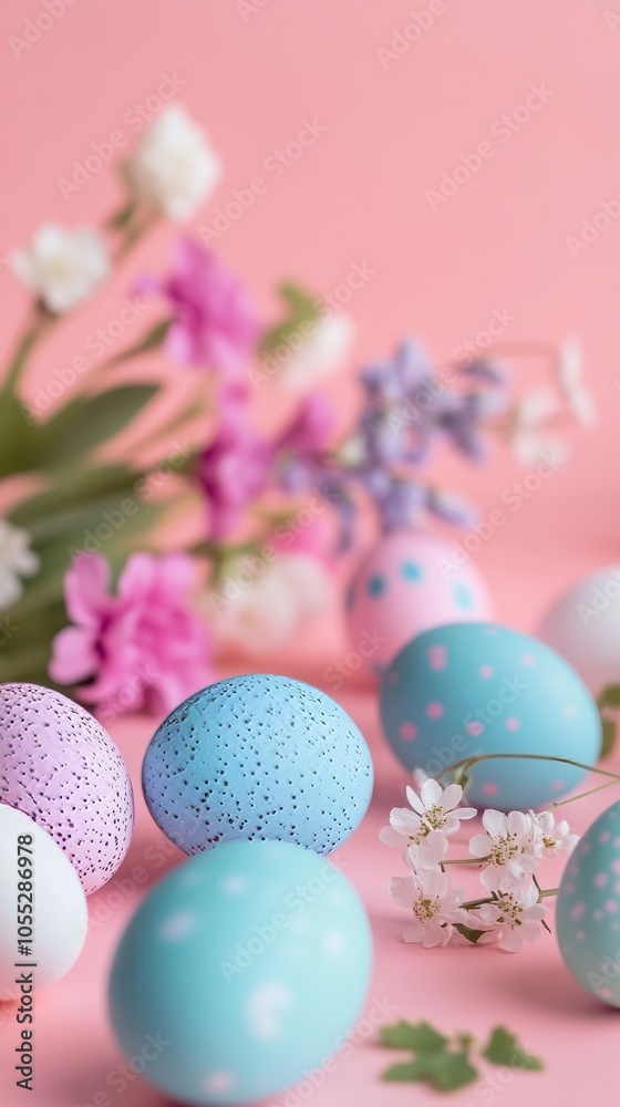 Fototapeta premium Design a cheerful copy space background for Easter, featuring soft pastel colors, decorated eggs, and delicate spring flowers, creating a warm and inviting space for holiday messages.