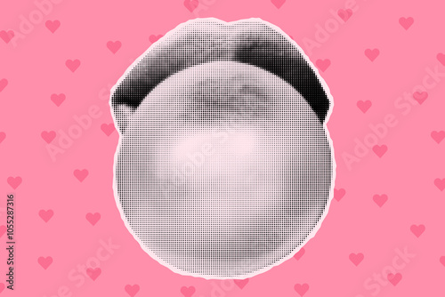 Halftone collage banner, cut out from magazine female mouth with bubble gum. Paper lips, girly element on pink background with hearts, vintage pop art style.