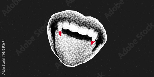 Open mouth with vampire fangs and blood drops. Creepy Halloween, retro collage banner, lips cut out from magazine on dark textured background, joyful monster.