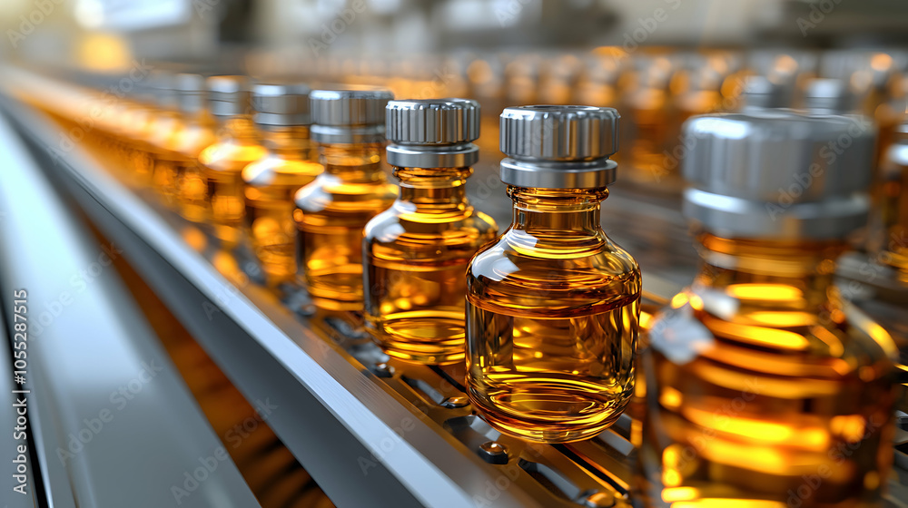 Conveyor Belt of Glass Bottles in Factory, production, manufacturing, industrial, machinery, automation Conveyor Belt of Glass Bottles in Factory, production, manufacturing, industrial, machinery, automation