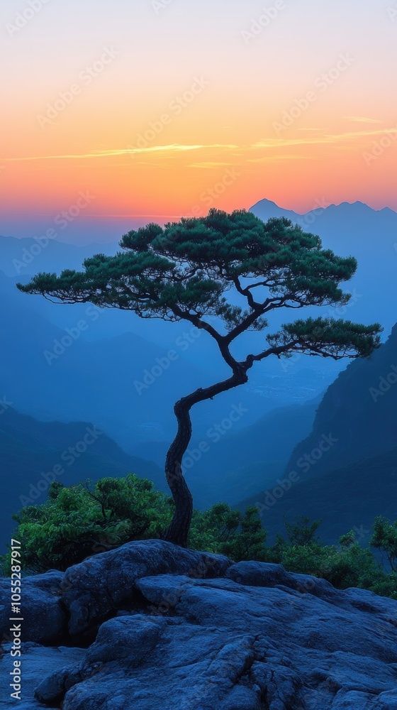 Tree silhouette framed by majestic mountains, creating a serene contrast at dusk, evoking tranquility and nature's beauty Tree silhouette framed by majestic mountains, creating a serene contrast at dusk, evoking tranquility and nature's beauty
