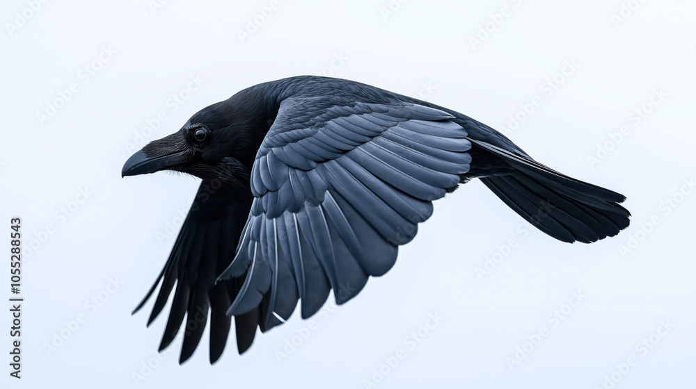 Naklejka premium Close-up of a black crow in flight against a white background, showcasing detailed feathers and wing structure.