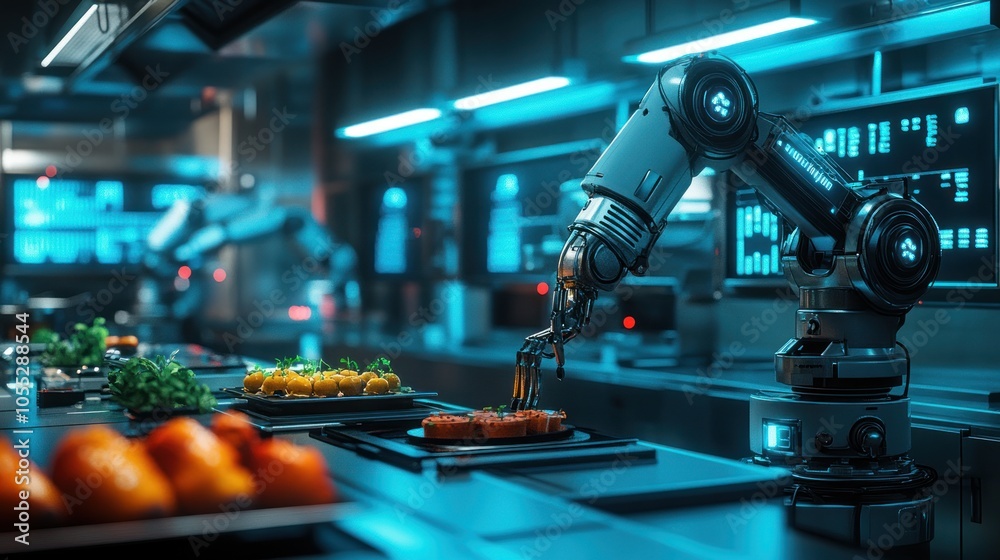 A robotic arm prepares food in a futuristic kitchen setting. A robotic arm prepares food in a futuristic kitchen setting.