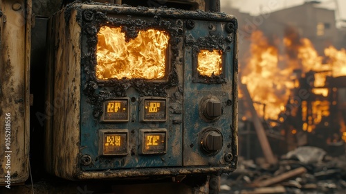 Burnt control panel amidst flames and destruction, showing signs of severe damage.