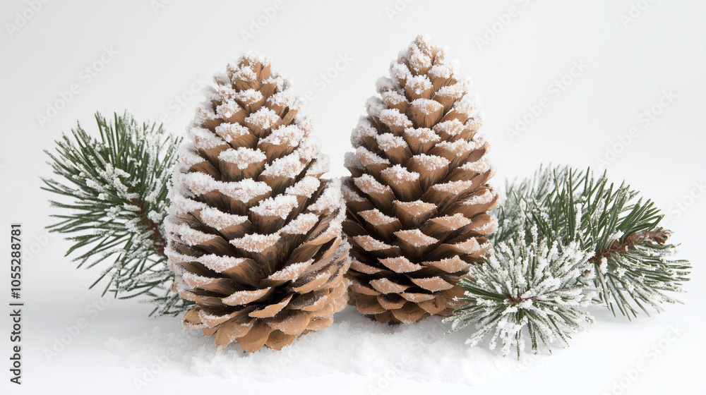 Pine cones and snow-covered pine branches against a frosty white background, Background, Winter mood