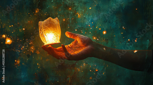 close up of hand holding lit lantern, illuminating dark surroundings with warm glow. scene evokes sense of wonder and tranquility