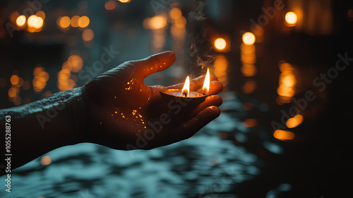 hand holding lit oil lamp, surrounded by glowing candles in water, creates serene and peaceful atmosphere. warm light reflects beautifully on surface