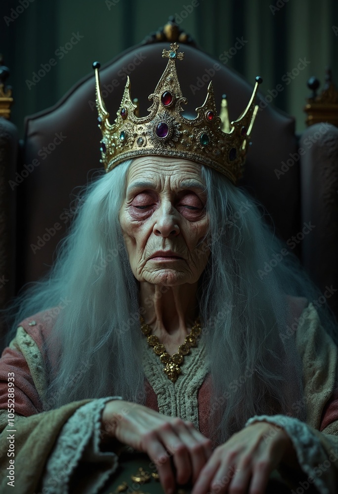 Obraz premium A cinematic photo of an old queen sleeping on a throne