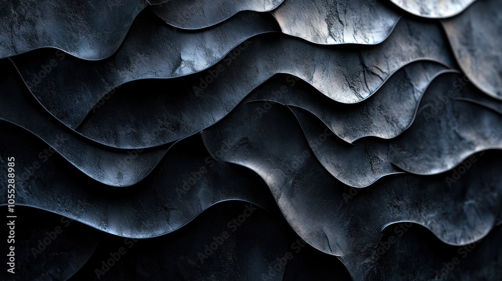Abstract dark blue and black wavy texture background.