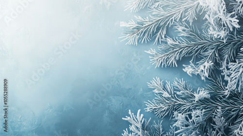 An icy blue gradient with pine branches and frosted snowflakes in the corners, Background, Winter mood photo