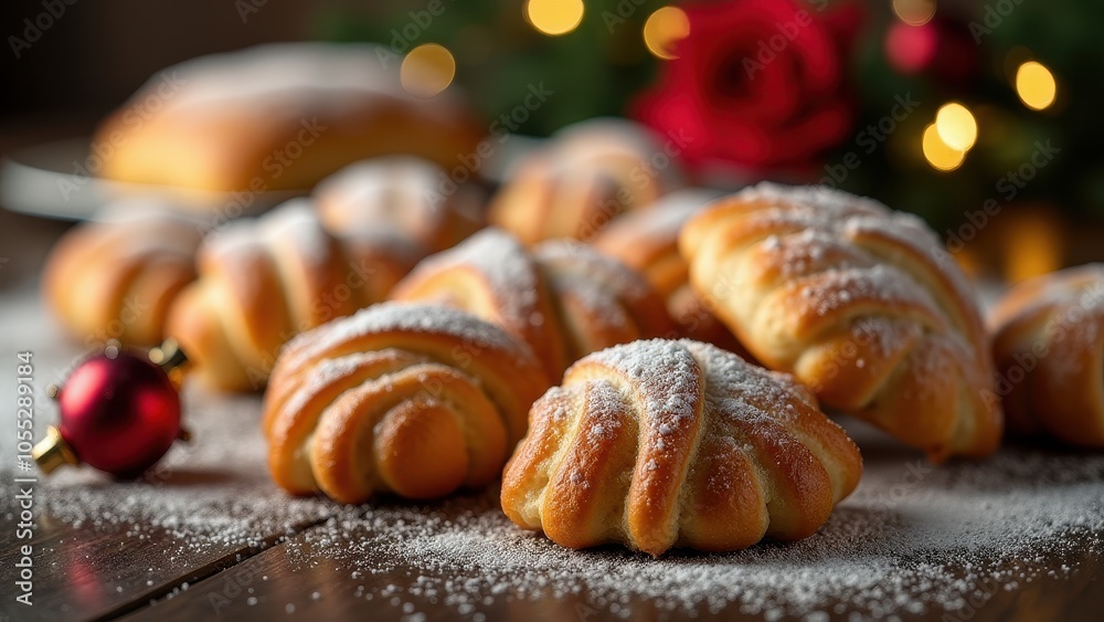 Golden pastries dusted with powdered sugar rest on a wooden table, surrounded by holiday lights, creating a cozy festive atmosphere. Golden pastries dusted with powdered sugar rest on a wooden table, surrounded by holiday lights, creating a cozy festive atmosphere.