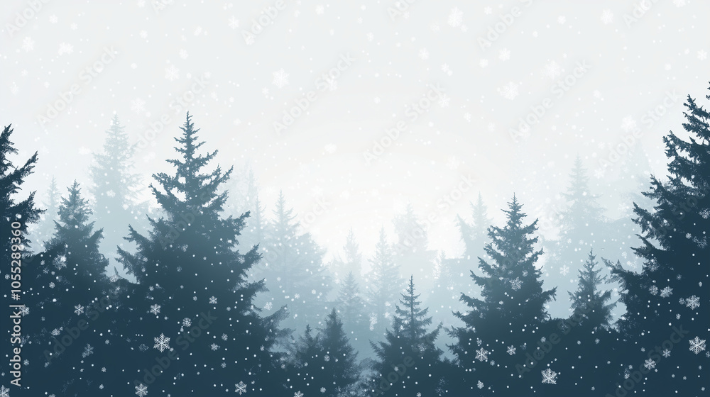 Soft, swirling snowflakes over a background of pine forests in the distance, Background, Winter mood Soft, swirling snowflakes over a background of pine forests in the distance, Background, Winter mood
