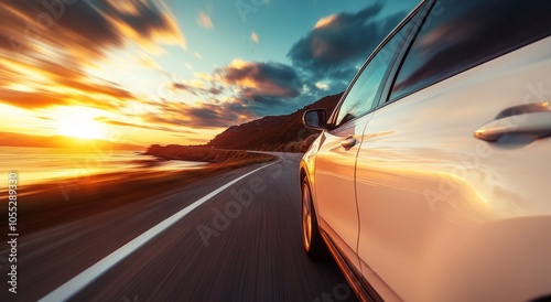 A white car is driving on the road at sunset near the sea and mountains.