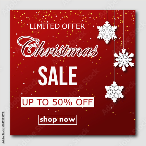 christmas sale, template discount banner design with silhouettes of hanging paper cut multi layered snowflakes on red background. bright vector illustration to promote purchases in the winter season