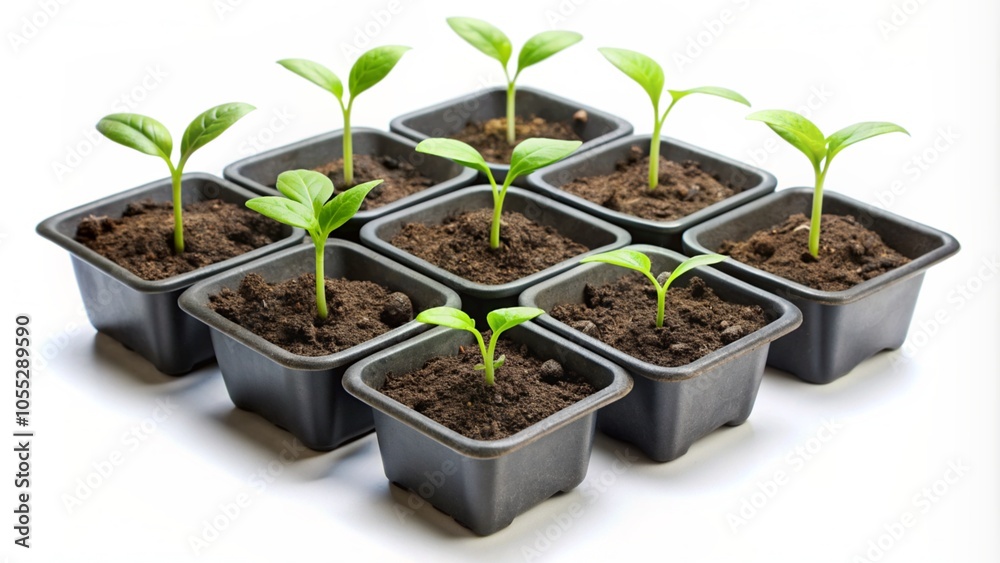 Seedlings in a set in square pots isolated on a white background. Seedlings in a set in square pots isolated on a white background.
