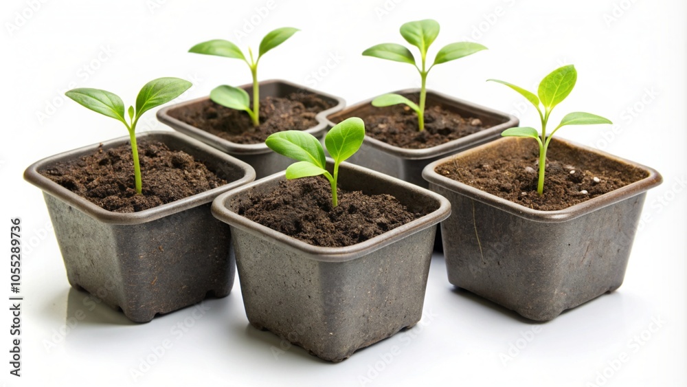 Seedlings in a set in square pots isolated on a white background. Seedlings in a set in square pots isolated on a white background.