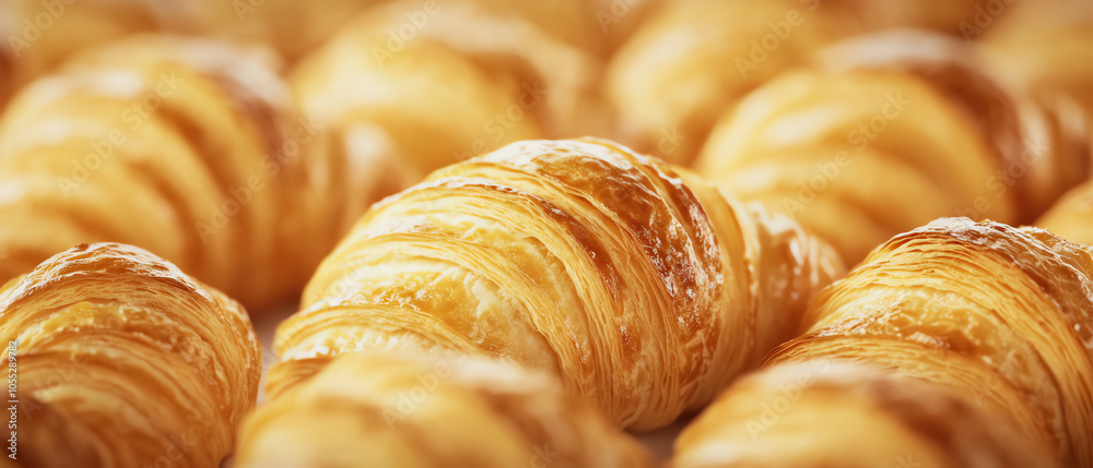 Delicious, golden croissants perfectly baked with flaky layers, ideal for breakfast or as a sweet treat, set against a soft and inviting background.