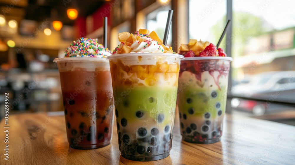 Colorful Dessert Drinks with Toppings and Sprinkles Colorful Dessert Drinks with Toppings and Sprinkles