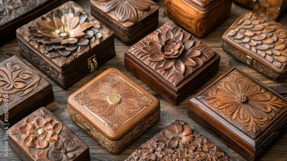 A collection of intricately carved wooden boxes with floral designs, arranged on a rustic wooden surface. A collection of intricately carved wooden boxes with floral designs, arranged on a rustic wooden surface.
