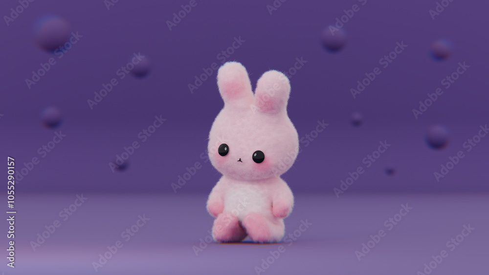 Fototapeta premium Cute little chibi bunny. Little pink rabbit. Copyspace background. 3d render, 3d illustration.