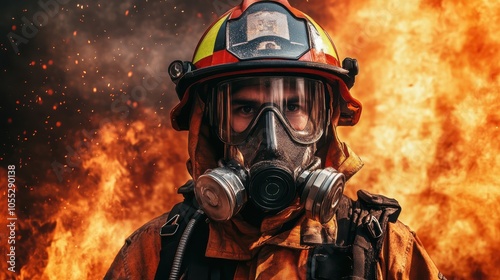 Firefighter in protective gear facing flames, intense and heroic atmosphere.