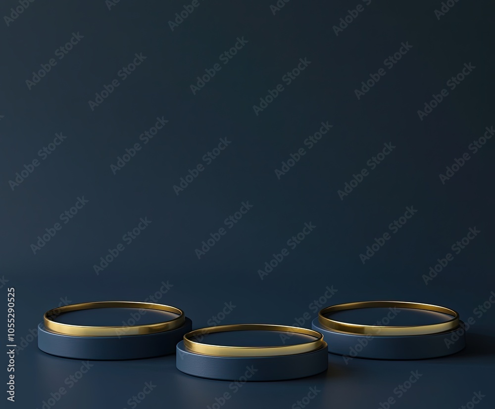 Minimalistic navy blue podiums with a gold border. Product presentation Minimalistic navy blue podiums with a gold border. Product presentation