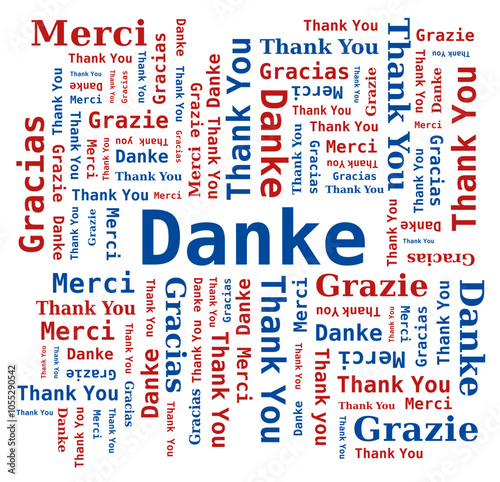 Merci - Thank you - Danke - Grazie - Gracias, Nuage de Mots en Plusieurs Langues, Bleu et Rouge