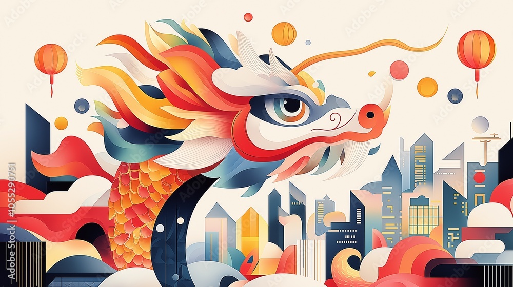 A colorful dragon emerges amidst skyscrapers, surrounded by fluffy clouds and floating lanterns, capturing the essence of a lively city festival at dusk A colorful dragon emerges amidst skyscrapers, surrounded by fluffy clouds and floating lanterns, capturing the essence of a lively city festival at dusk