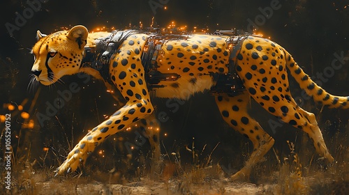 A cheetah with glowing wires and circuits on its body walks through a field of tall grass. photo