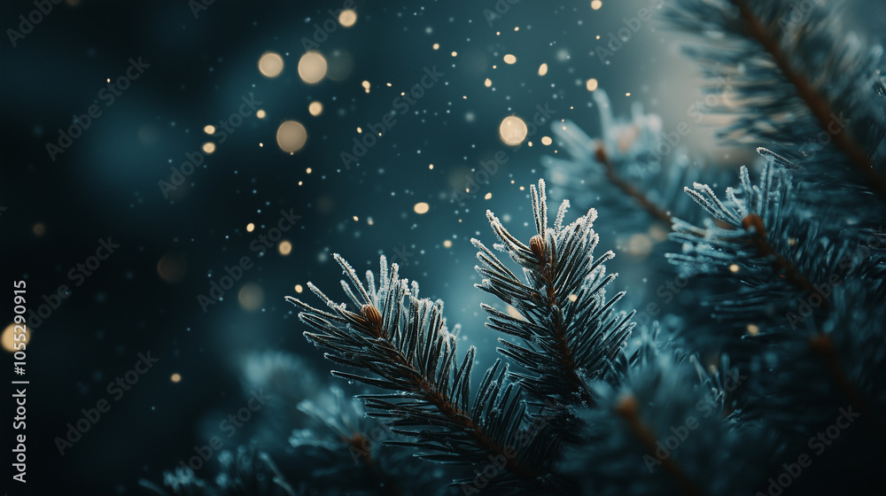 Frosted pine needles with tiny snowflakes suspended in the background, Background, Winter mood Frosted pine needles with tiny snowflakes suspended in the background, Background, Winter mood