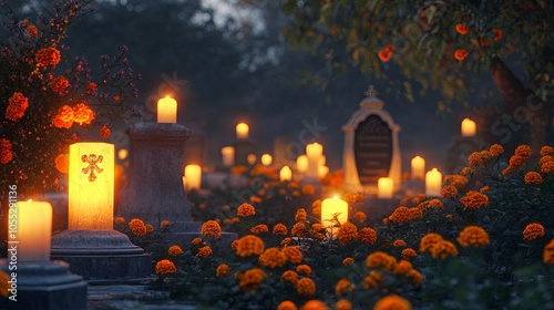 serene cemetery scene with glowing candles and vibrant marigolds, creating peaceful atmosphere. soft light enhances beauty of flowers and gravestones