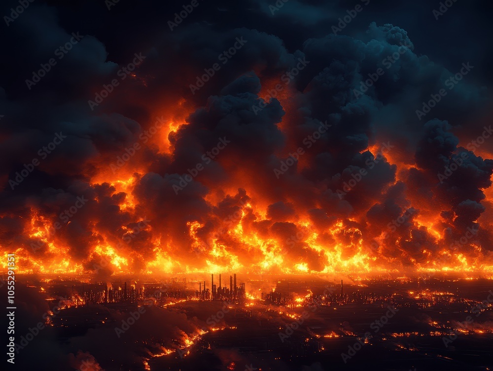 Majestic image of a fiery landscape engulfed in flames and smoke. Majestic image of a fiery landscape engulfed in flames and smoke.